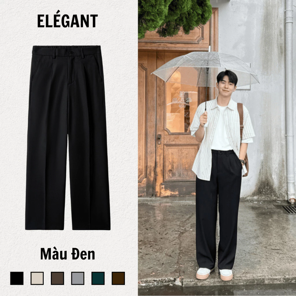 Quần Tây Nam Ống Suông Thiết Kế Cạp Nửa Chun Sau - Quần Âu Ống Suông Nam Elégant Màu Đen