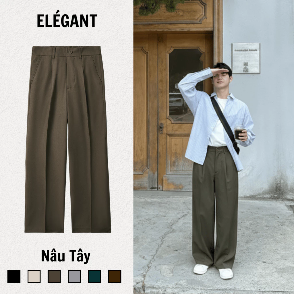Quần Tây Nam Ống Suông Thiết Kế Cạp Nửa Chun Sau - Quần Âu Ống Suông Nam Elégant Màu Nâu Tây