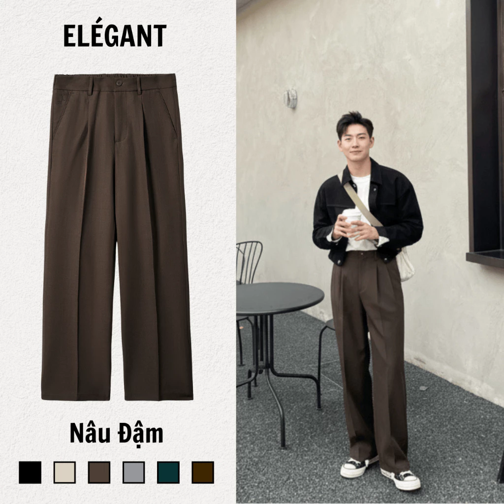 Quần Tây Nam Ống Suông Thiết Kế Cạp Nửa Chun Sau - Quần Âu Ống Suông Nam Elégant Màu Nâu Đậm