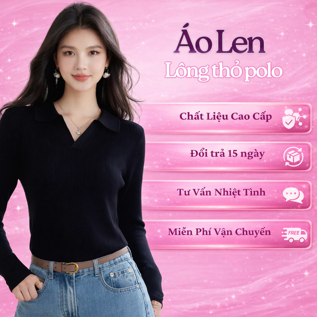 Áo Len Nữ Lông Thỏ Cổ Bẻ Polo Dài Tay Basic, Form Đẹp Cao Cấp