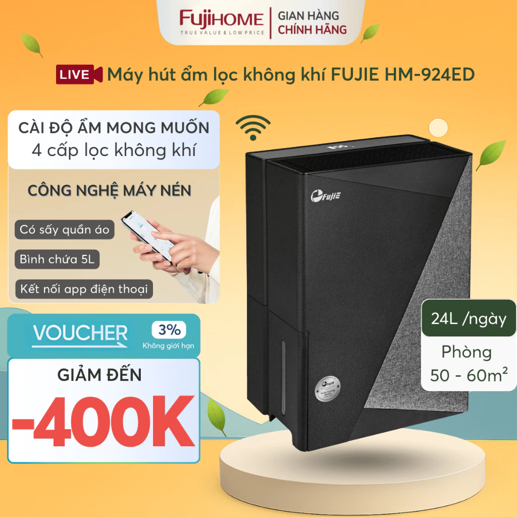 Máy hút ẩm 60m2 lọc không khí bụi mịn 24L FUJIE HM-924ED, chống mốc phòng ngủ wifi tiết kiệm điện