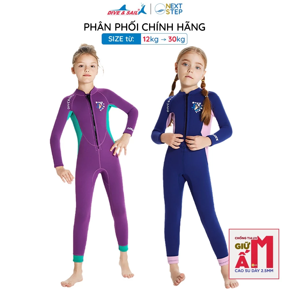 Đồ bơi giữ nhiệt bé gái Dive and Sail chất liệu cao su dày 2.5mm tay dài quần dài ngăn tia UV