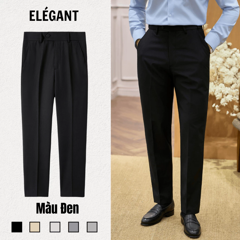 Quần Tây Nam Màu Đen Ống Đứng Cạp Chun Cạnh Sườn Elégant - Quần Âu Nam Cao Cấp Elégant Màu Đen