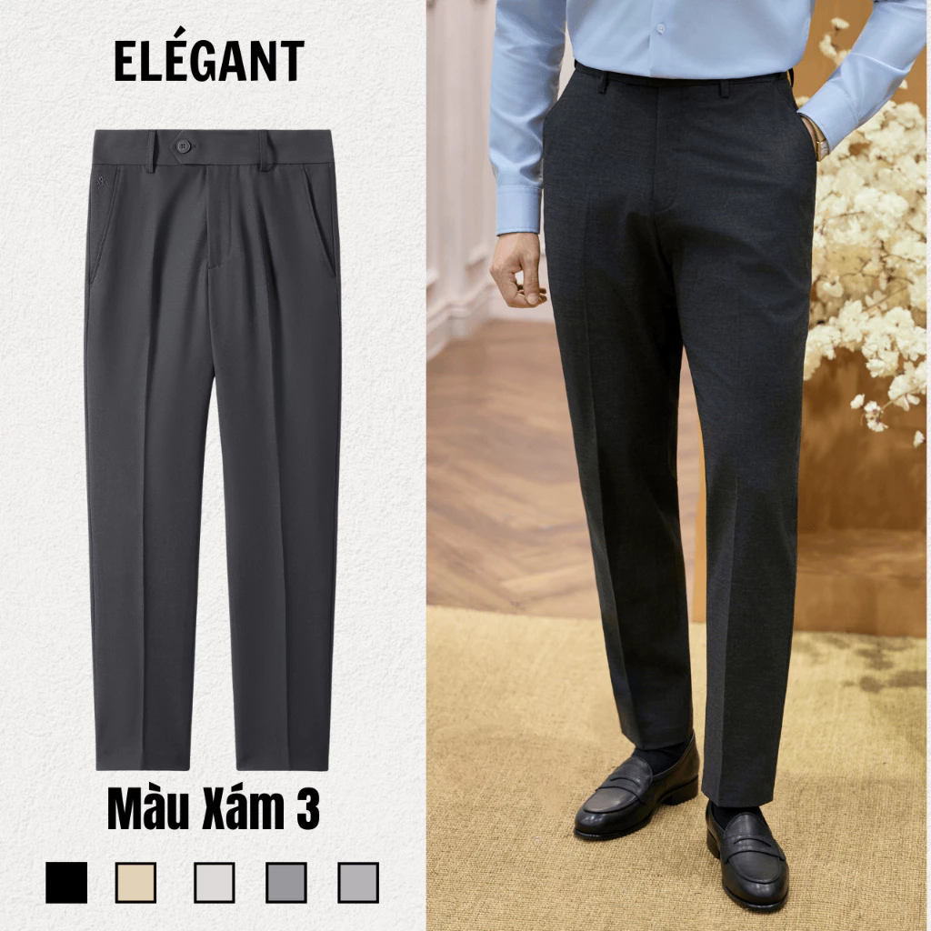 Quần Tây Nam Màu Xám (Xám Đậm) Ống Đứng Cạp Chun Cạnh Sườn Elégant - Quần Âu Nam Cao Cấp Elégant