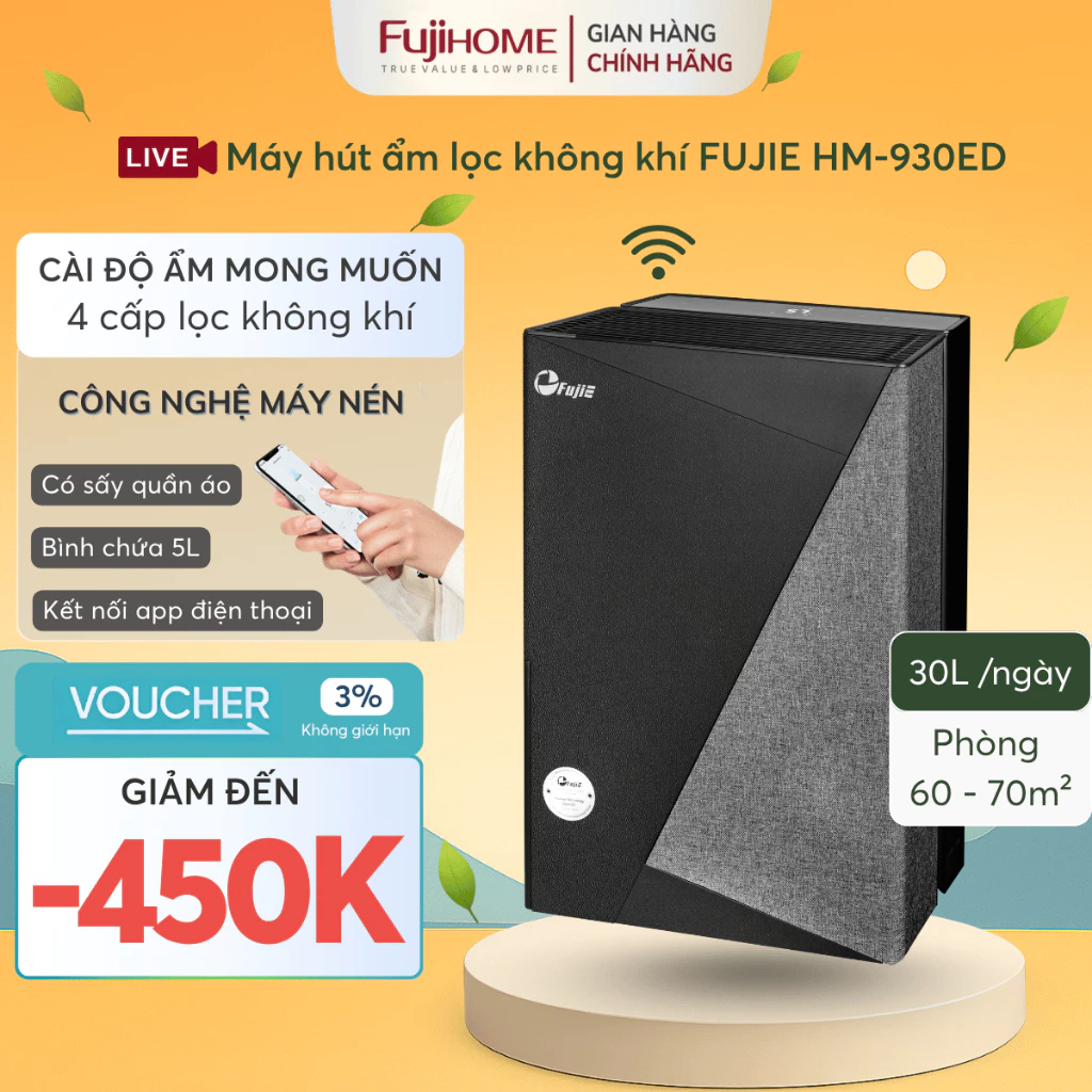 Máy hút ẩm 70m2 lọc không khí bụi mịn 30L FUJIE HM-930ED, chống mốc phòng làm việc wifi tiết kiệm