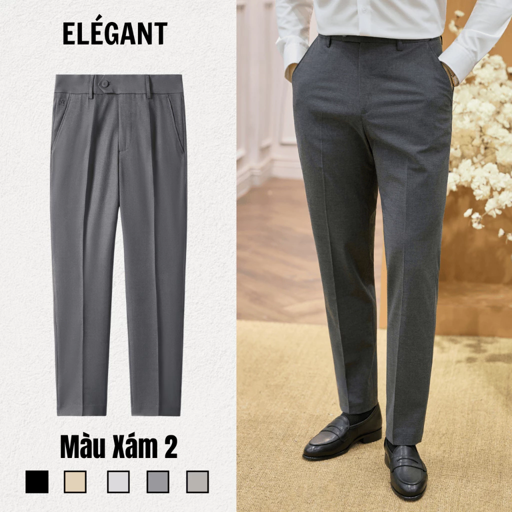 Quần Tây Nam Màu Xám (MID GREY) Ống Đứng Cạp Chun Cạnh Sườn Elégant - Quần Âu Nam Cao Cấp Elégant
