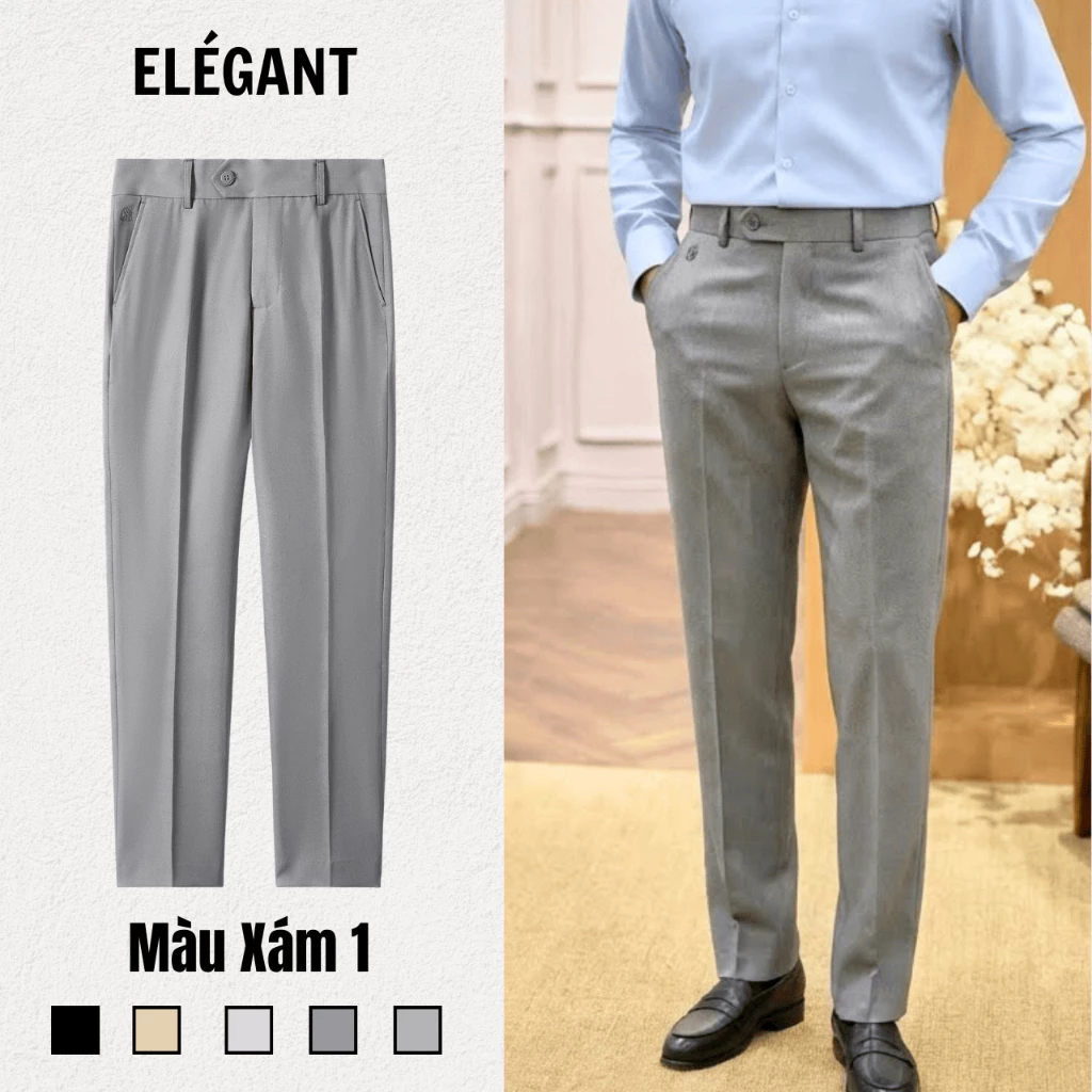 Quần Tây Nam Màu Xám (Xám Nhạt) Ống Đứng Cạp Chun Cạnh Sườn Elégant - Quần Âu Nam Cao Cấp Elégant
