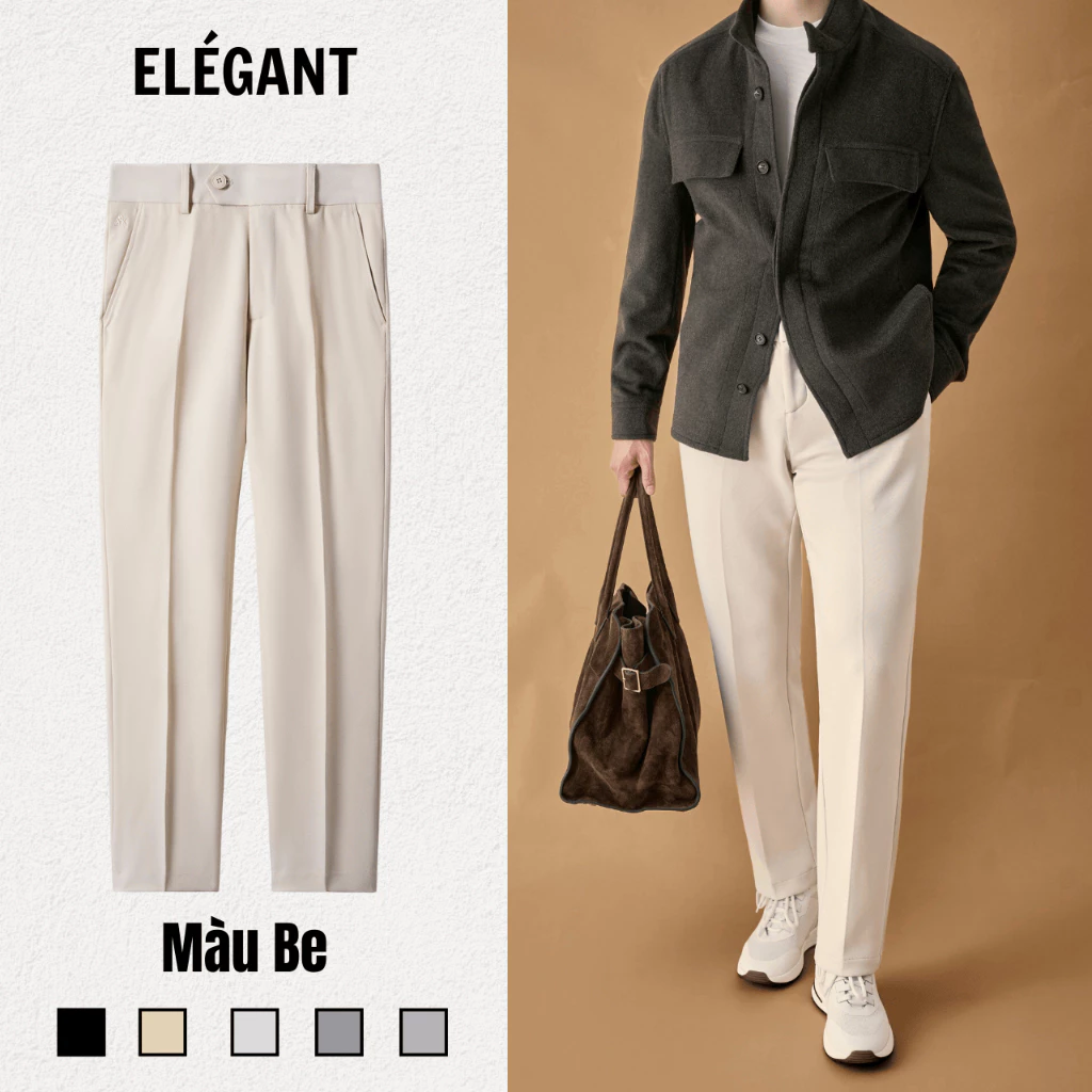 Quần Tây Nam Màu Be Ống Đứng Cạp Chun Cạnh Sườn Elégant - Quần Âu Nam Cao Cấp Elégant Màu Be