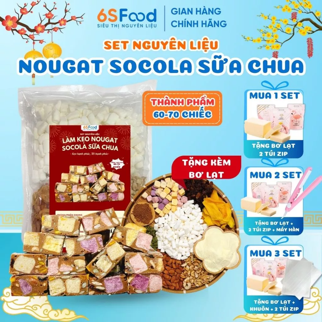 Set Nguyên Liệu Làm Kẹo Nougat Socola Sữa Chua thành phẩm 60-70c nhà 6SFOOD