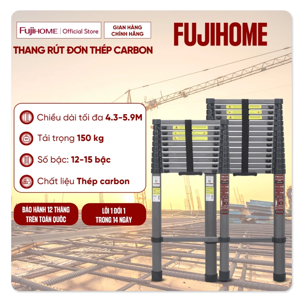 Thang rút đơn 2.7M - 5.9M thép Carbon FUJIHOME Nhập Khẩu, thang rút chữ I khoá chốt an toàn chân chống trơn trượt