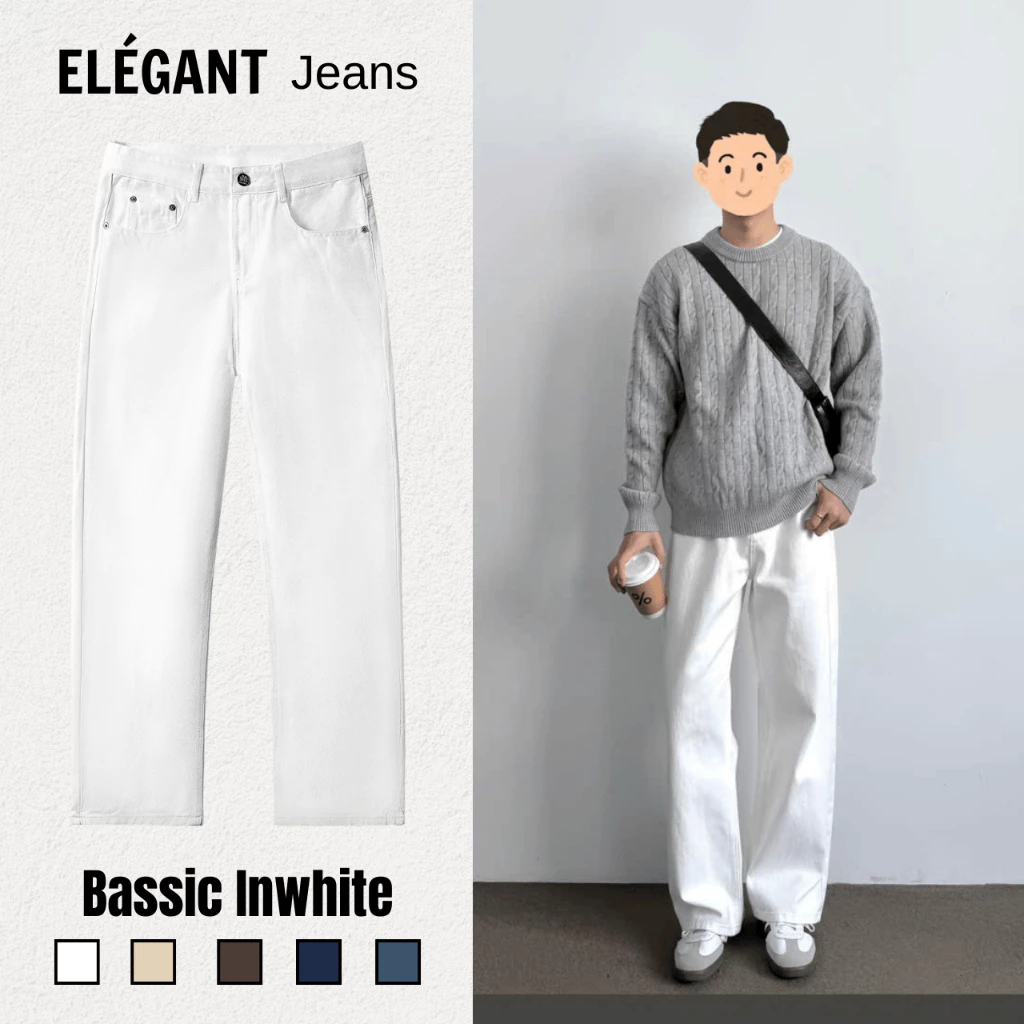 Quần Jean Kaki Nam Ống Suông Đứng Màu Trắng ELEGANT, Quần Bò Nam Nữ Form Suông Rộng Có BigSize