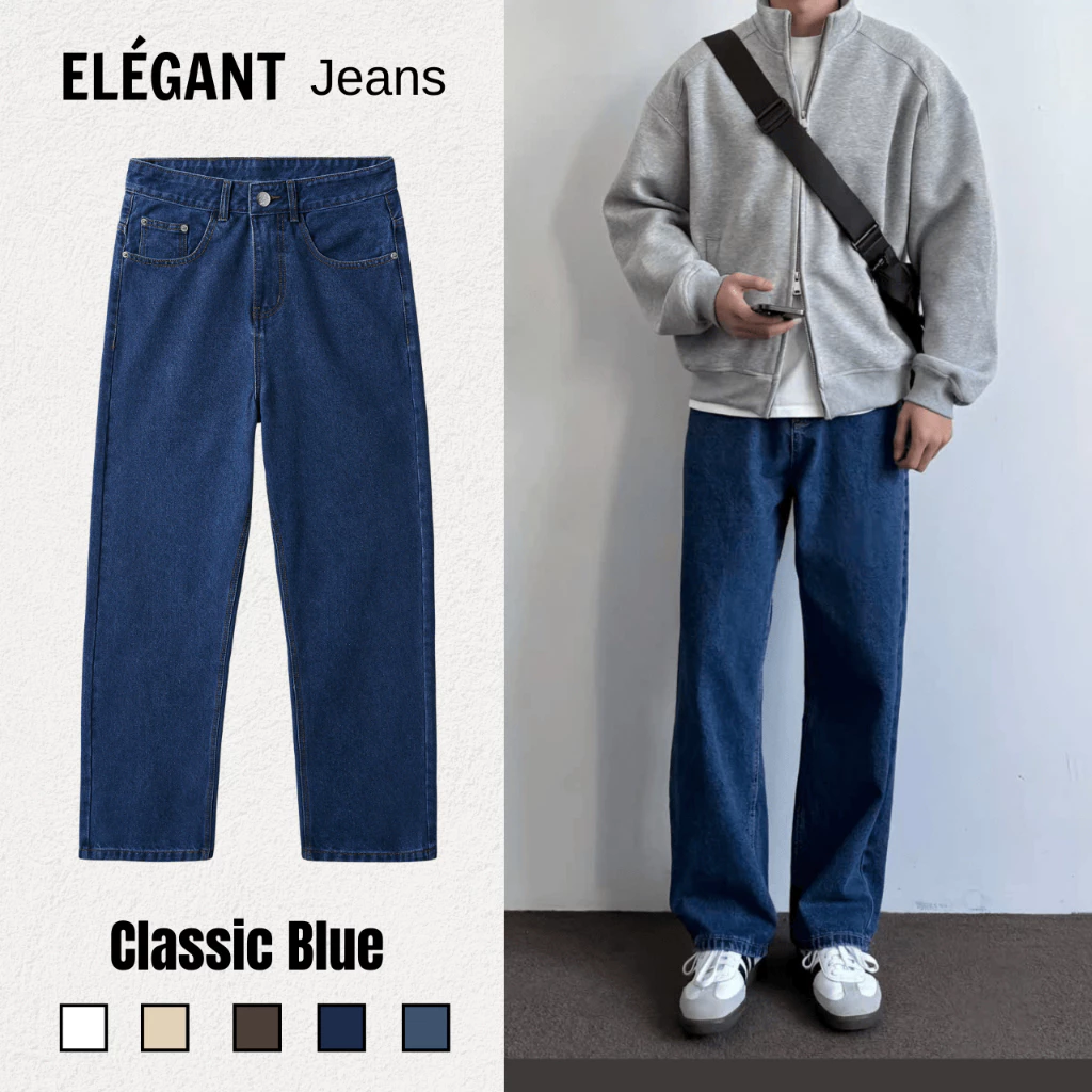 Quần Jean Kaki Nam Ống Suông Đứng Màu Clasic Blue ELEGANT, Quần Bò Nam Nữ Form Suông Rộng Có BigSize