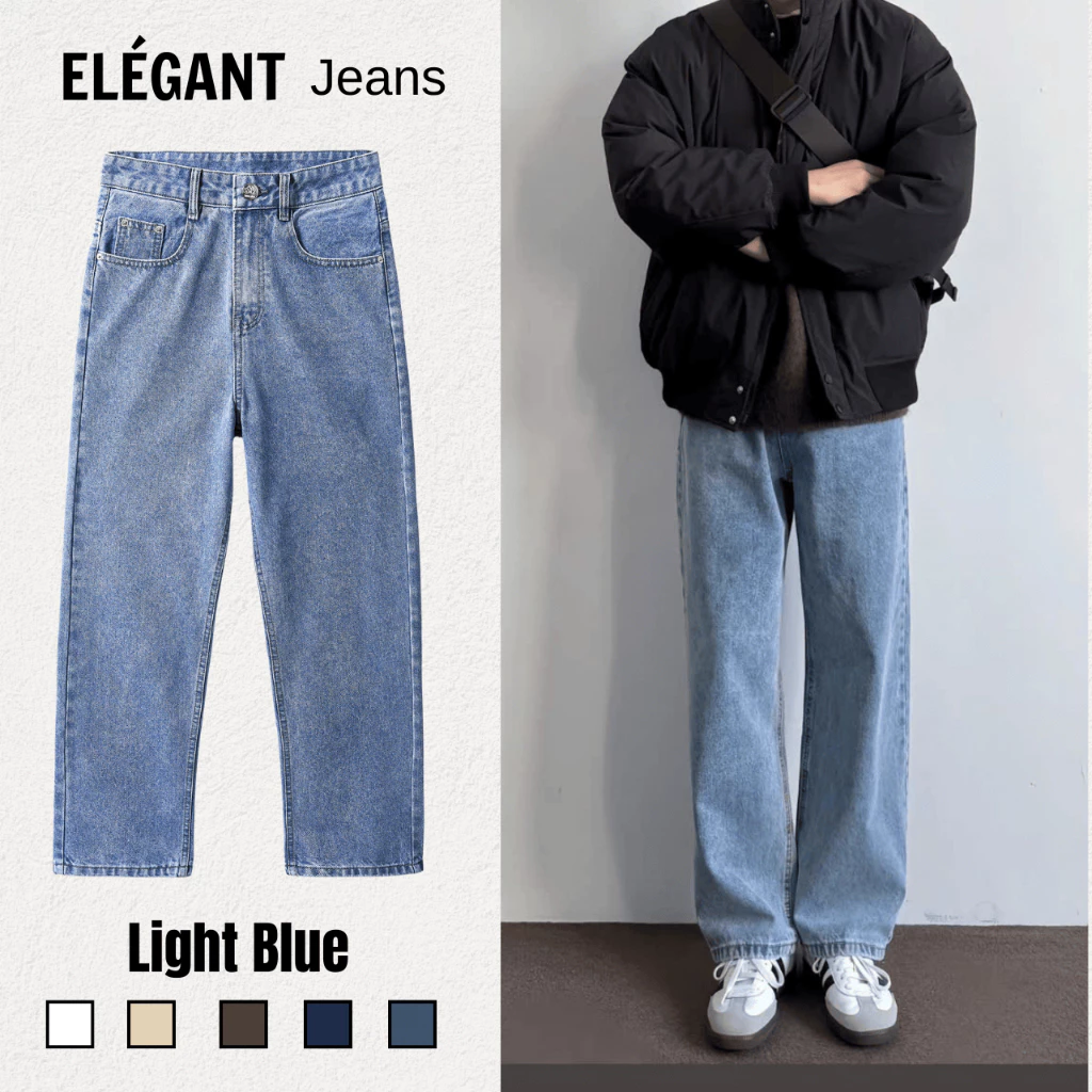 Quần Jean Kaki Nam Ống Suông Đứng Màu Light Blue ELEGANT, Quần Bò Nam Nữ Form Suông Rộng Có BigSize