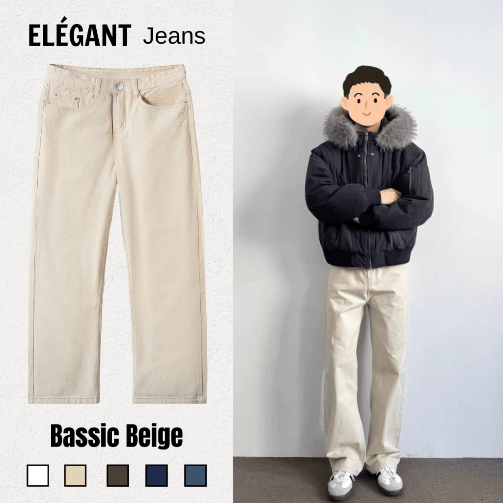 Quần Jean Kaki Nam Ống Suông Đứng Màu Beige ELEGANT, Quần Bò Nam Nữ Form Suông Rộng Có BigSize