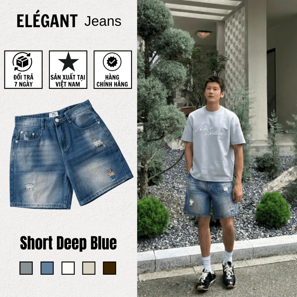 Quần Short Jean Nam ELEGANT Màu Deep Blue Form Trên Gối- Quần Đùi Nam Màu Xanh Jean - Có Bigsize