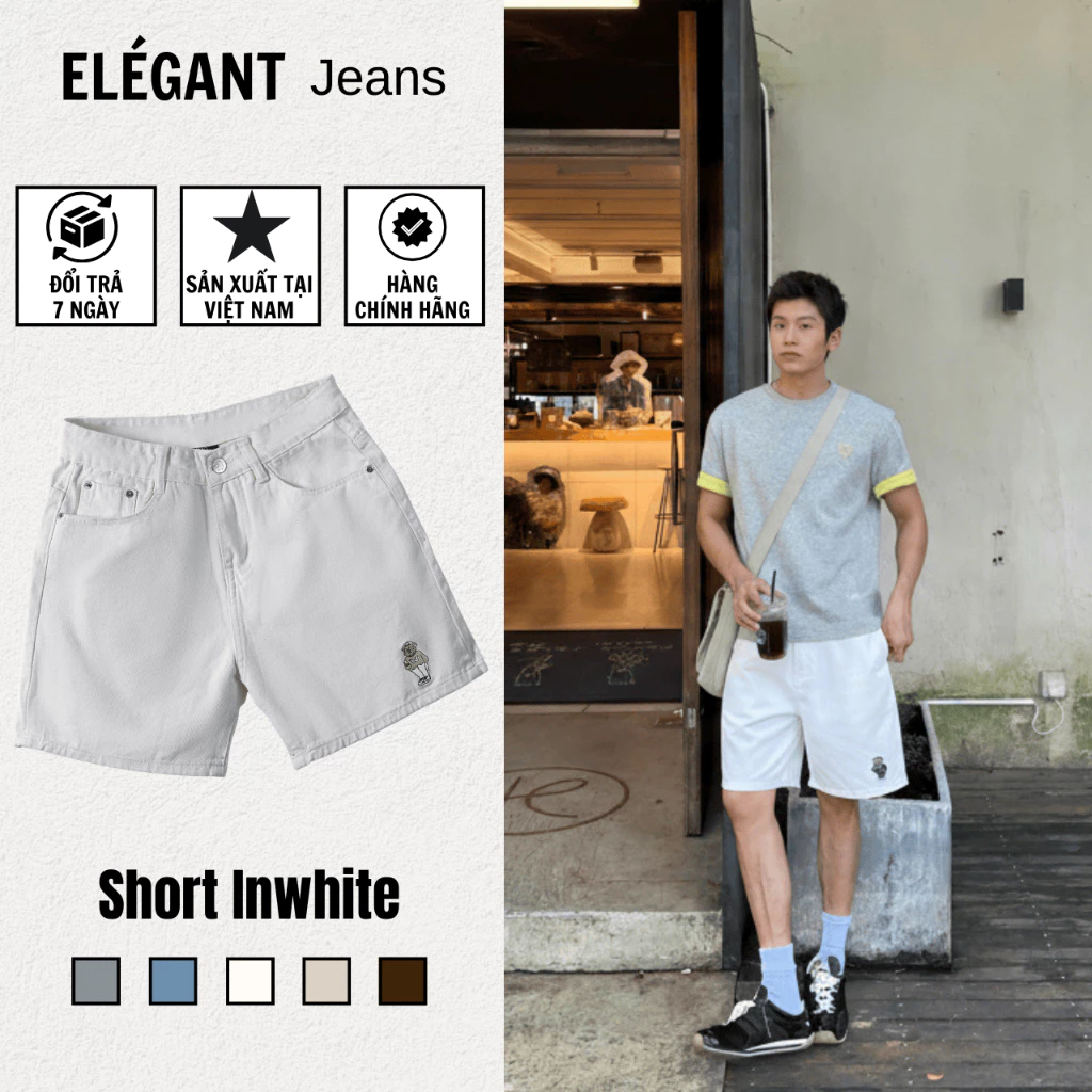 Quần Short Jean Nam ELEGANT Màu Inwhite Form Trên Gối- Quần Đùi Nam Màu Trắng Kaki - Có Bigsize