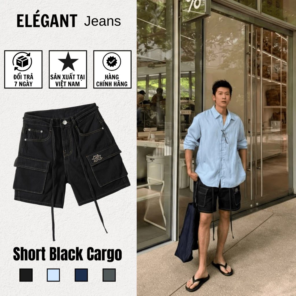 Quần Short Jean Nam Cargo Túi Hộp Màu Black ELEGANT - Quần Đùi Nam Dài Trên Gối - Có Bigsize