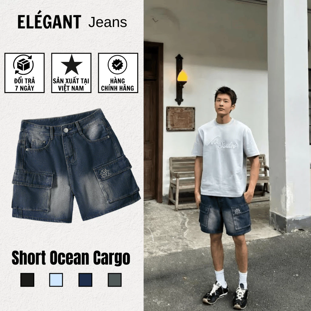Quần Short Jean Nam Cargo Túi Hộp Màu Ocean Xanh Đen ELEGANT - Quần Đùi Nam Dài Trên Gối Có Bigsize