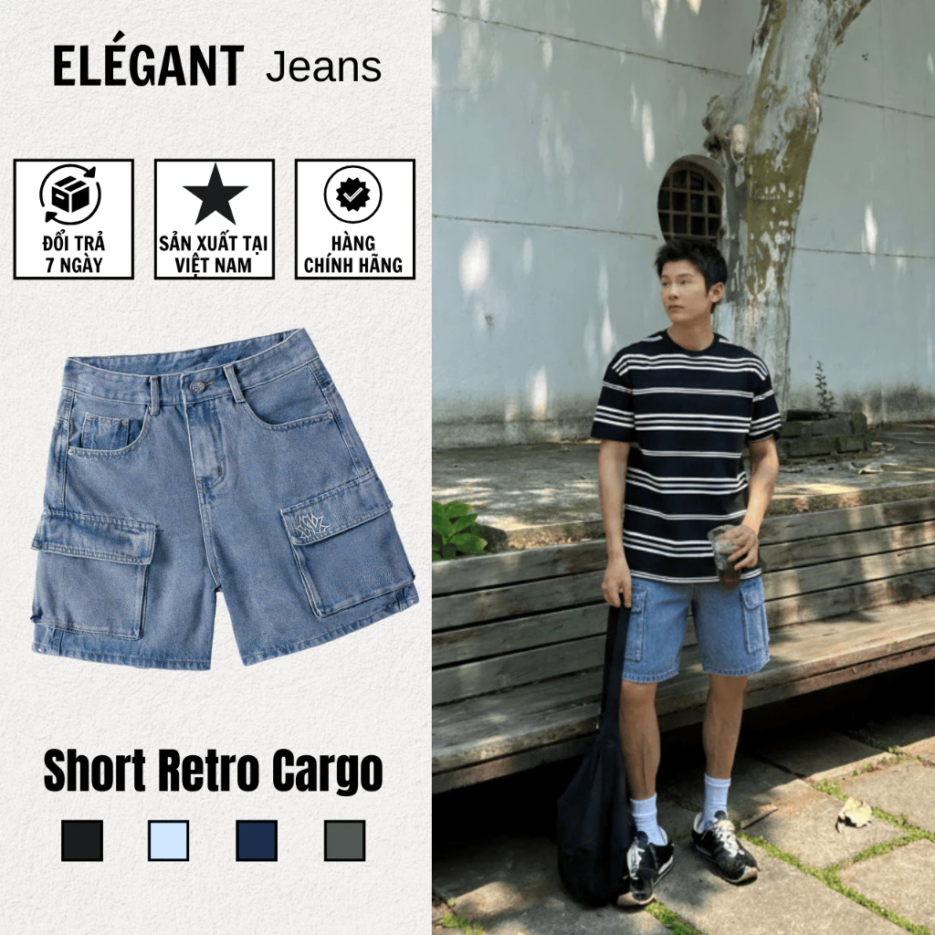 Quần Short Jean Nam Cargo Túi Hộp Màu Retro Xanh ELEGANT - Quần Đùi Nam Dài Trên Gối - Có Bigsize