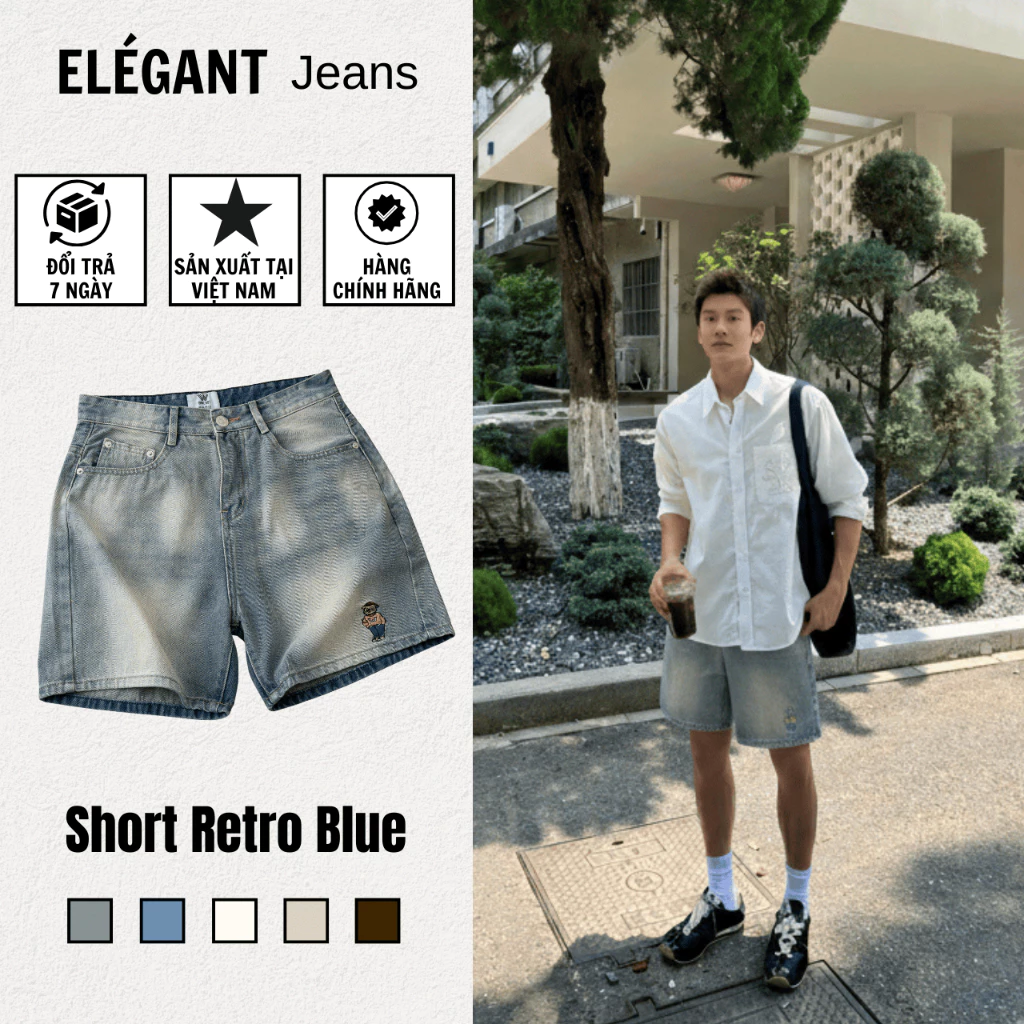 Quần Short Jean Nam ELEGANT Màu Retro Blue Trên Gối- Quần Đùi Jean Nam Màu Xanh Wash - Có Bigsize