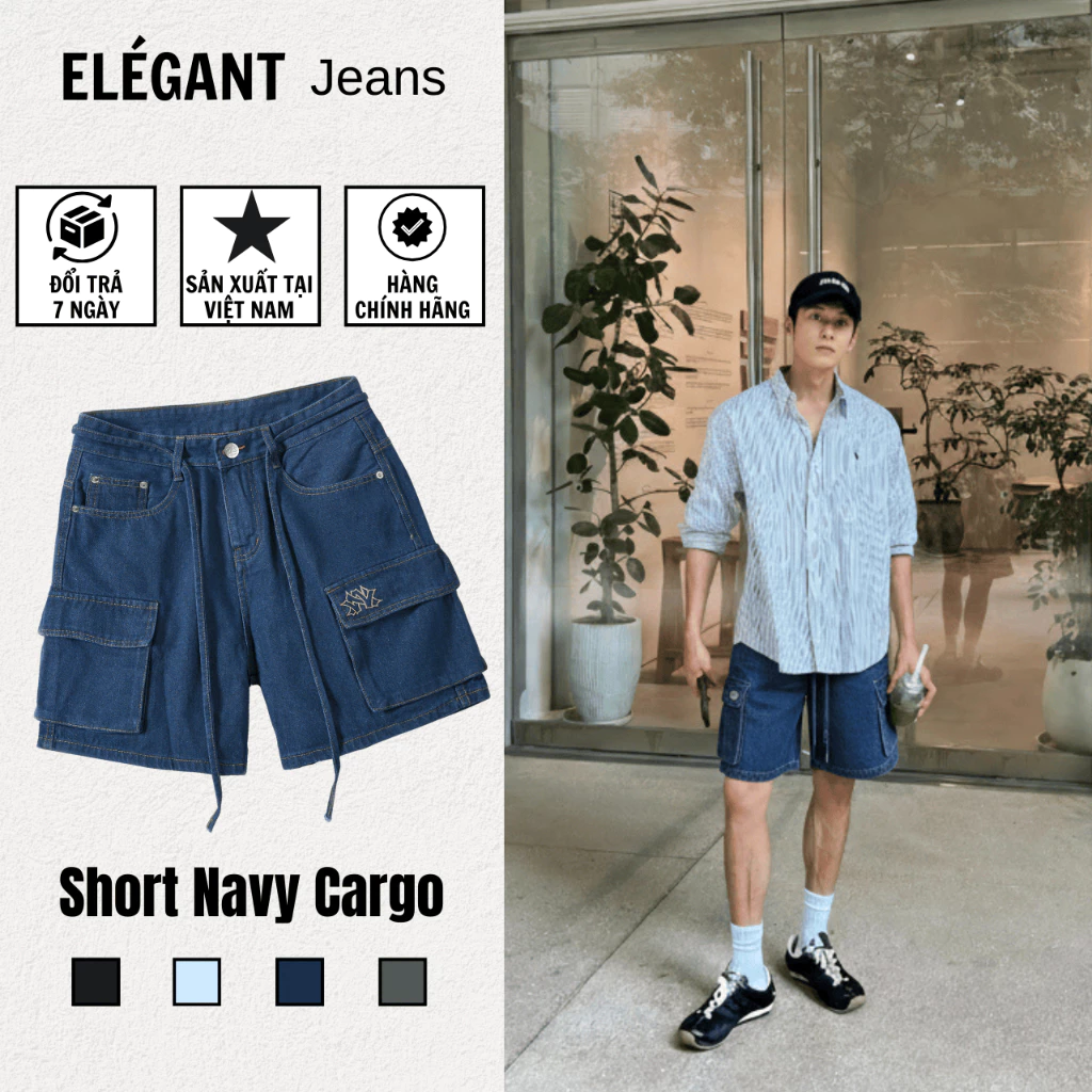 Quần Short Jean Nam Cargo Túi Hộp Màu Xanh Navy ELEGANT - Quần Đùi Nam Dài Trên Gối - Có Bigsize