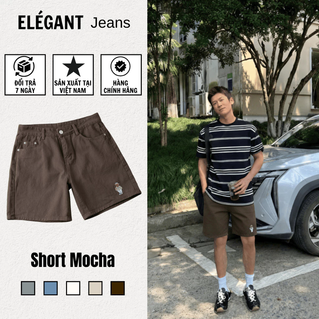 Quần Short Jean Nam Kaki ELEGANT Màu Mocha Form Trên Gối- Quần Đùi Nam Màu Nâu Kaki - Có Bigsize