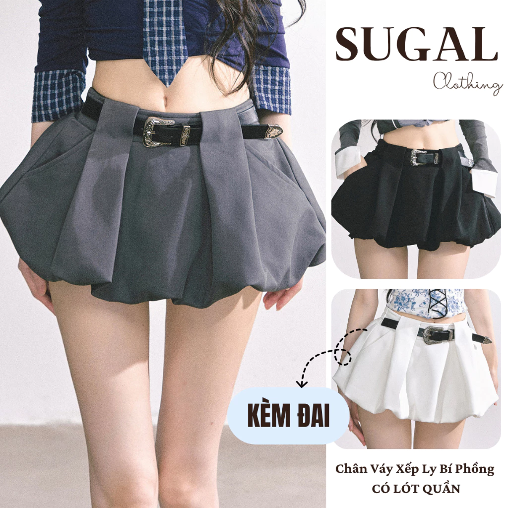 SUGAL  - Chân Váy Xếp Ly Phồng (KÈM ĐAI) Có Lót Quần - Dáng Bí Phồng - Phong Cách Hàn Quốc [CV NU 096]