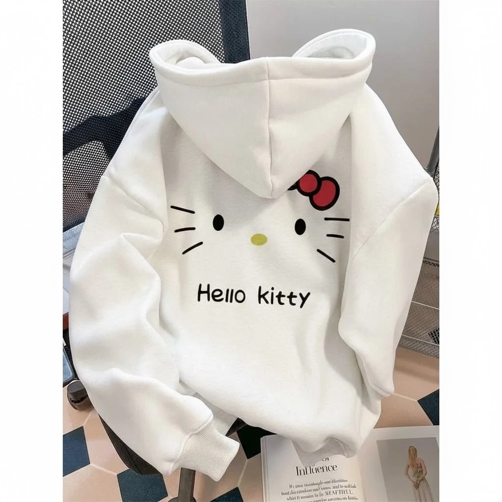 Áo Hoodie Zip Hello Kitty Nữ Form Rộng Màu Đen Cute Dễ Thương, Hoodie Nỉ Bông Ulzzang Hàn Quốc [ Có Túi Trong ]