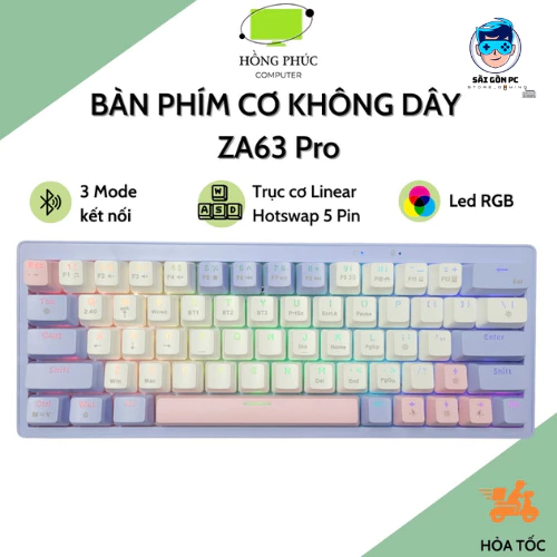 Bàn Phím Cơ Không Dây Bluetooth ZA63 Pro - 3 Mode Kết Nối - Trục cơ Linear Hotswap 5 Pin - Pin sạc Pin Sạc 2000mAh - LEG