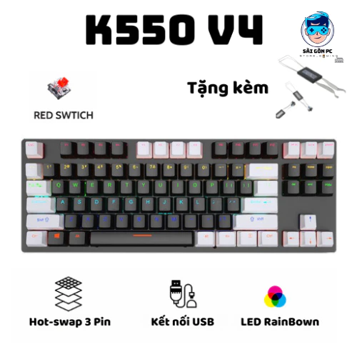 Bàn phím cơ Gaming K550 Ziyou V4 Có hot-swap Trục cơ Red switch TKL 87 phím, , Chống Nước - Led Rainbow