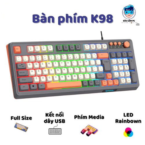Bàn phím giả cơ Gaming RaiKu K98 full size - Led Rainbow siêu đẹp - Có núm xoay - Phím BPT - Gõ êm