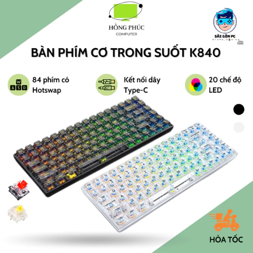 Bàn phím cơ LEAVEN Gaming TKL trong suốt, giá rẻ K840 84 phím - 20 chế độ LED Rainbow - Hot-swap 3 Pin - Chống nước