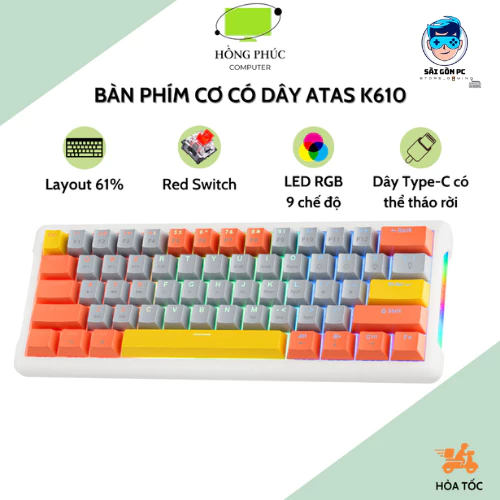 Bàn phím cơ có dây ATAS K610 Layout 61% - Red swtich - LED Rainbow - Có Hotswap