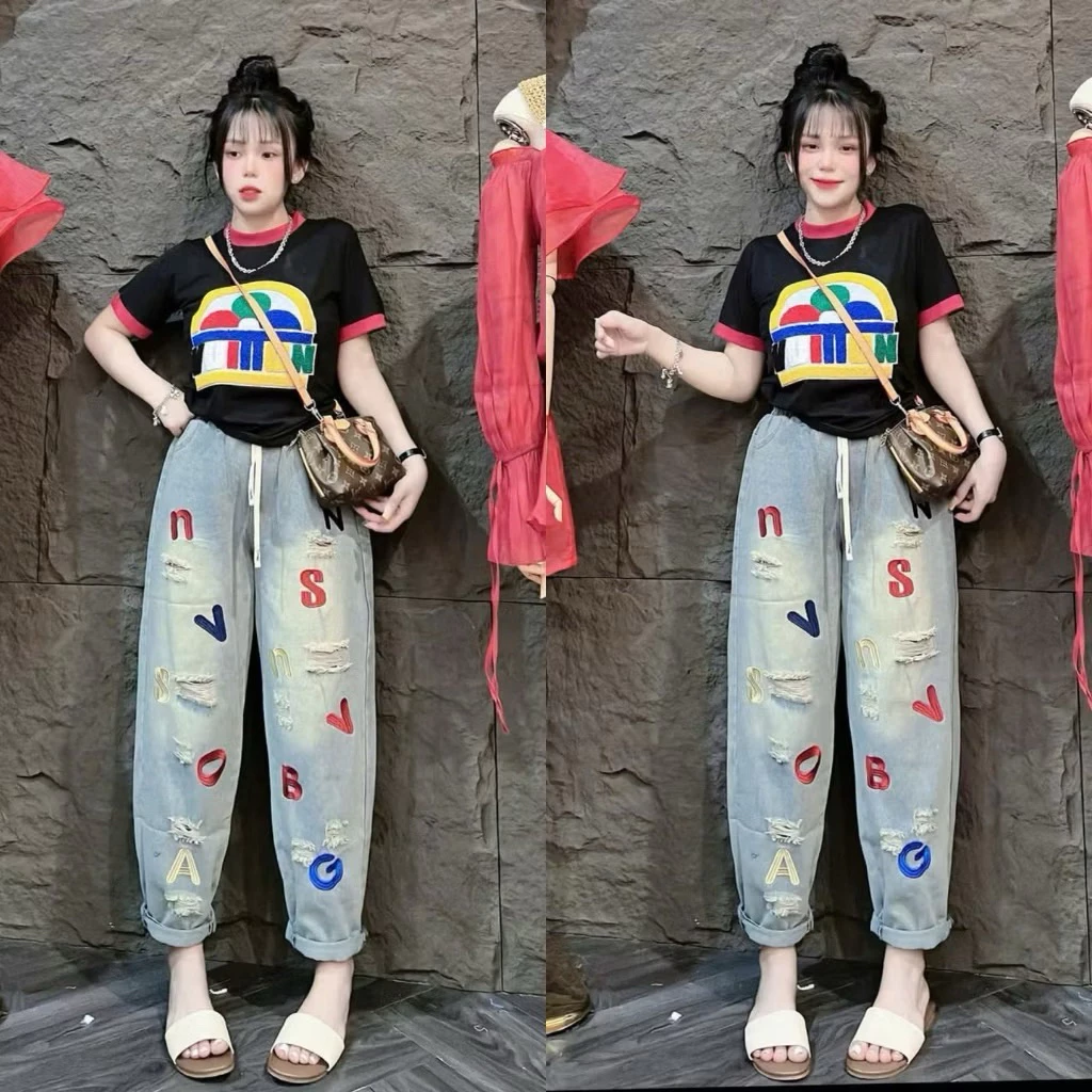 Quần Jean Bagyy Nữ thêu chữ hàng QC siêu đẹp có bigsize