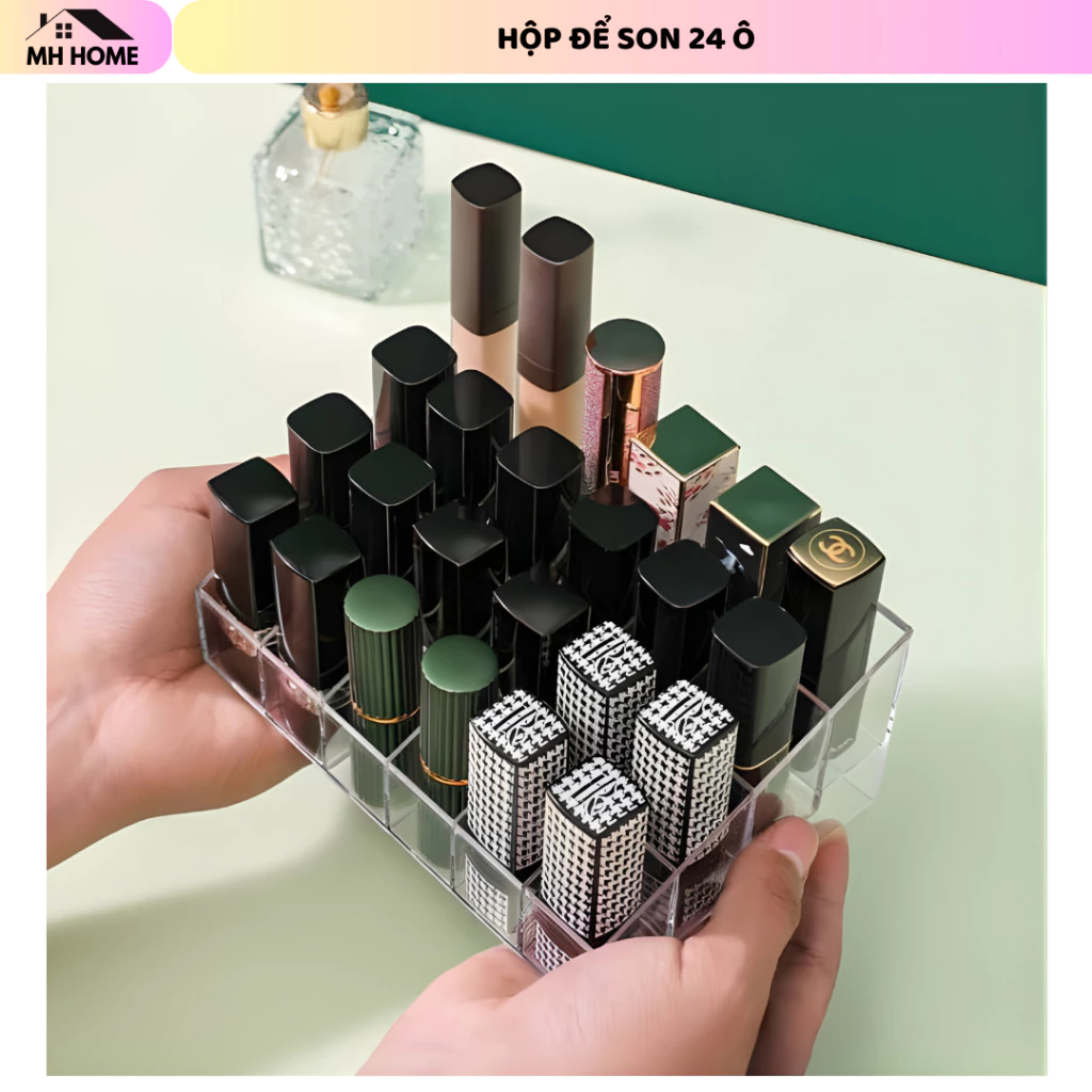 Khay Đựng Son Môi 24 Ô Trong Suốt Cao Cấp, Hộp Đựng Mỹ Phẩm Để Bàn Gọn Gàng Tiện Lợi
