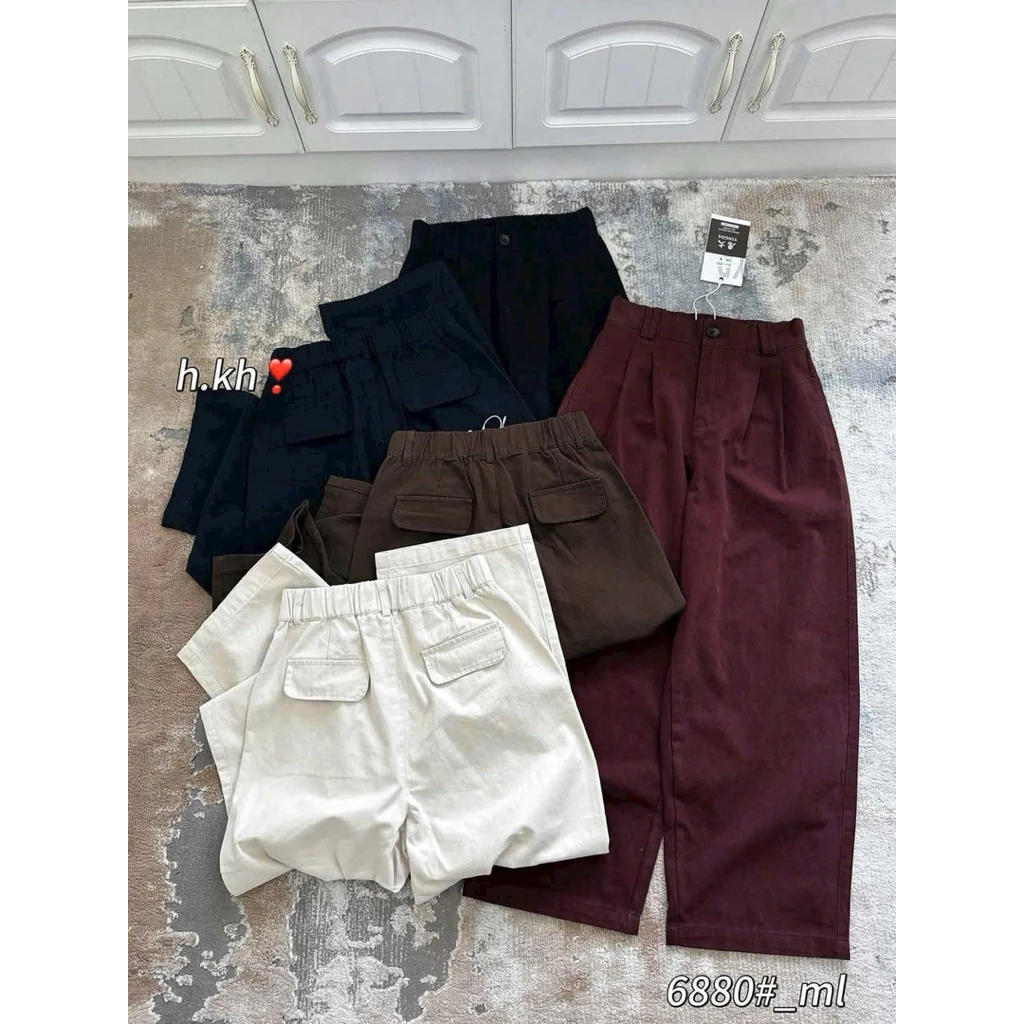 Quần Baggy Thụng Chất Kaki Có Khóa Lưng Chun Cạp Cao Tôn Dáng Ống Rộng Chất Kaki Co Giãn Nhẹ Lưng Chun