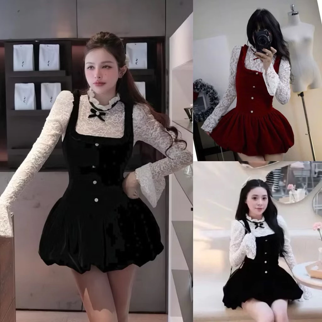 [bigsize 60-90kg] Set bộ đầm yếm vải dáng bí xoè kèm áo ren tay loe mã 541