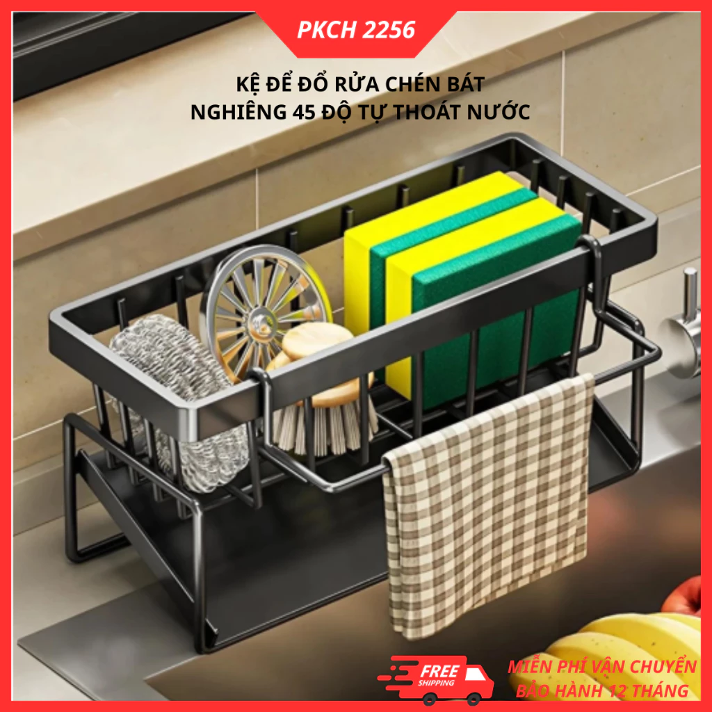 Kệ Để Giẻ Rửa Chén Bát Đa Năng Bằng Sắt Sơn Tĩnh Điện, Khay Hứng Nước Nghiêng 45 Độ Tự Thoát Nước