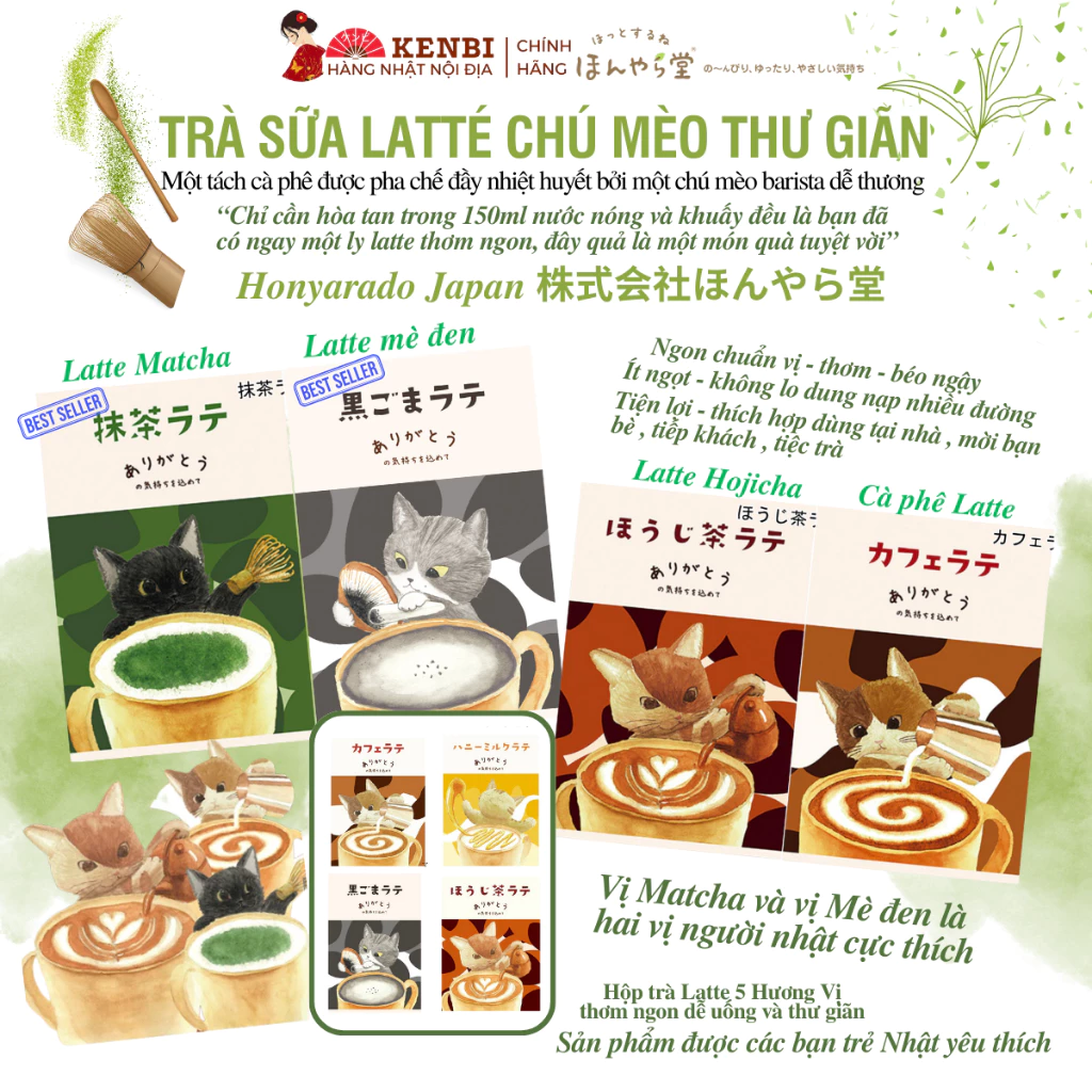 TRÀ SỮA LATTÉ CHÚ MÈO THƯ GIÃN HONYRADO HÒA TAN TIỆN LỢI CHUẨN VỊ NHẬT