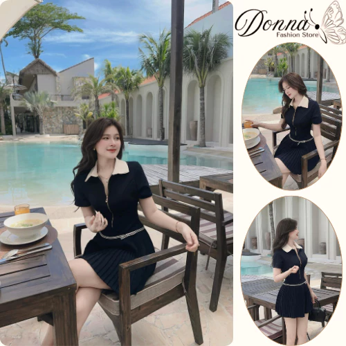 Đầm nữ, váy nữ DONNA HCOM25824 cổ bẻ cộc tay chân váy xếp ly xoè tiểu thư, xinh xắn