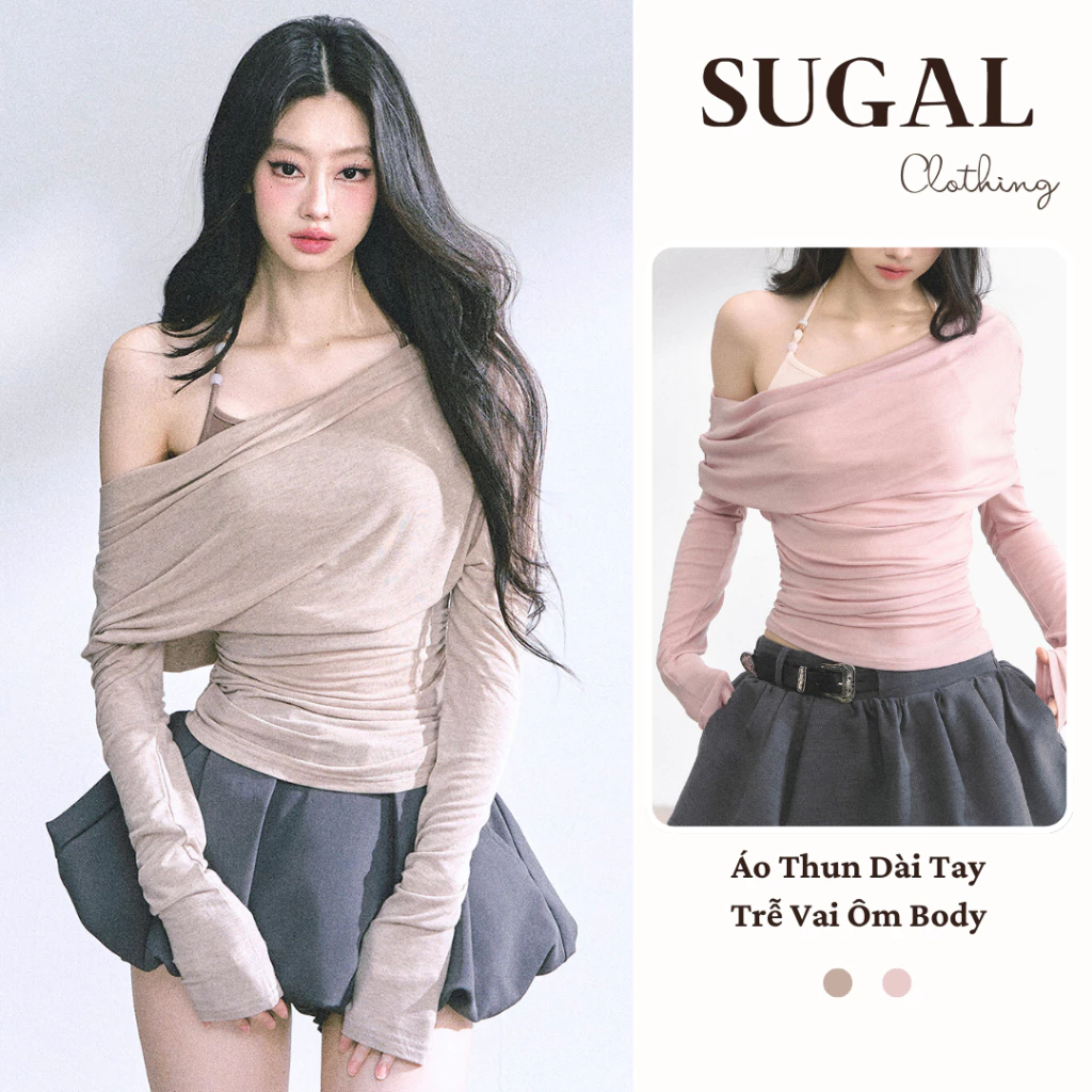 (Màu Mới) SUGAL - Áo Thun Dài Tay Trễ Vai KÈM ÁO HAI DÂY Dáng Ôm Body - Phong Cách Hàn Quốc | TOP NU 284