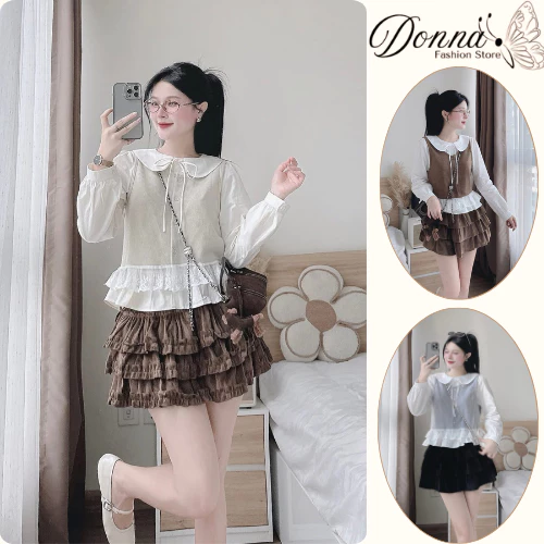 Set đồ nữ, đồ bộ nữ DONNA HCOM26779 3 chi tiết áo sơ mi dài tay phối áo gile mix chân váy tầng xoè