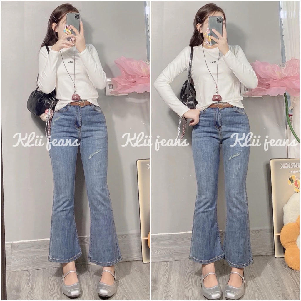🌷Xinh🌷Quần jeans ống loe lỡ rách nhẹ lai cuốn (9 tấc)🌷 KLii jeans sll