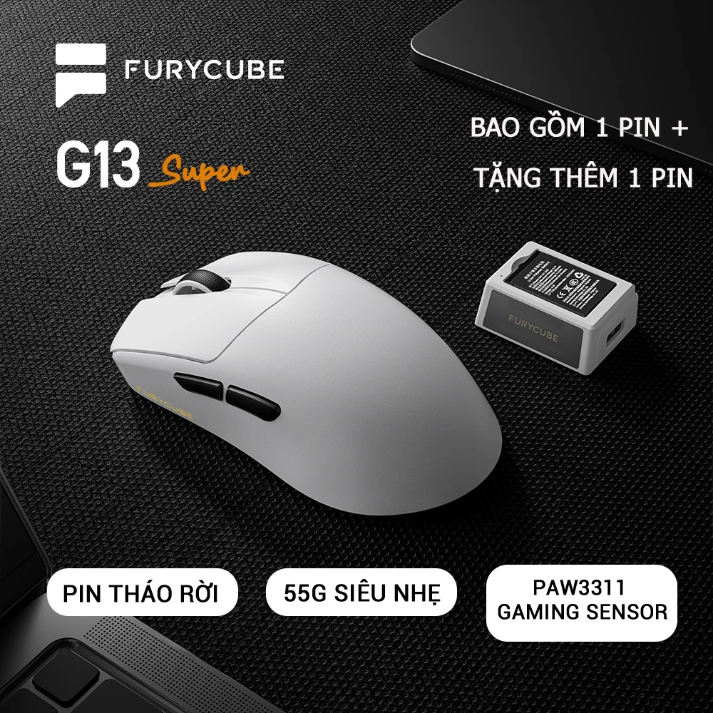 Chuột Gaming Không Dây Bluetooth FURYCUBE G13S, 3 Mode, PAW3311, DPI 800–22000, 2 Pin Tháo Rời