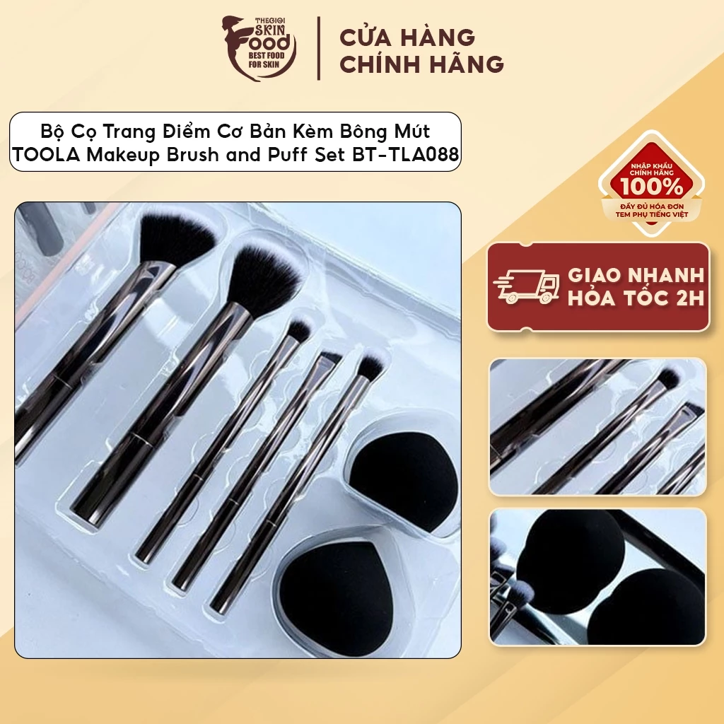Bộ Cọ Trang Điểm Cơ Bản Kèm Bông Mút TOOLA Makeup Brush and Puff Set - BT-TLA088 Thegioiskinfood