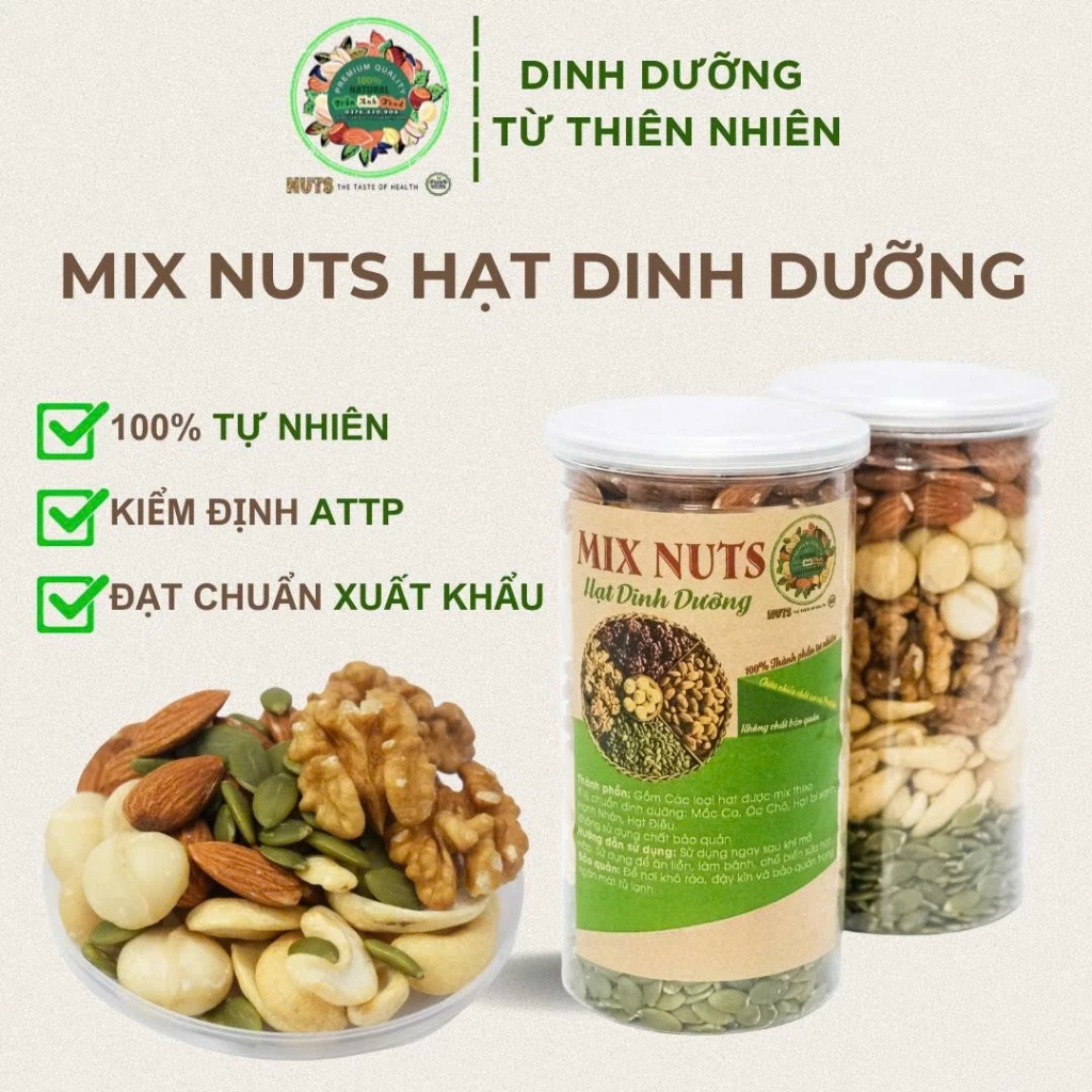 mix hạt dinh dưỡng 5 loại hạt macca, óc chó vàng, hạnh nhân, hạt điều, hạt bí xanh thơm ngon tốt cho sức khoẻ