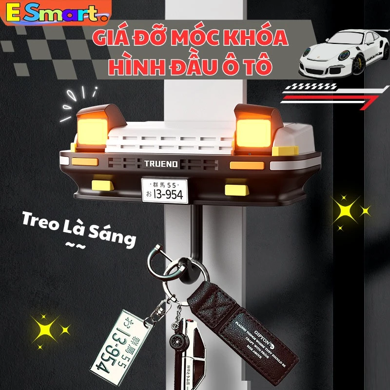 Móc Chìa Khóa Treo Tường Hình Đầu Xe Ô Tô Đèn Tự Động Sáng Khi Treo Đồ - Móc Chìa Khóa Trang Trí Phòng Khách, Phòng Ngủ