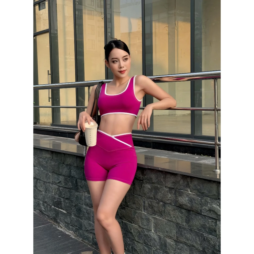Bộ Đồ Tập Gym Yoga Nữ UNIQ Cool Peel - Áo Cổ Vuông Viền Trắng & Quần Legging Đùi Cạp Chéo