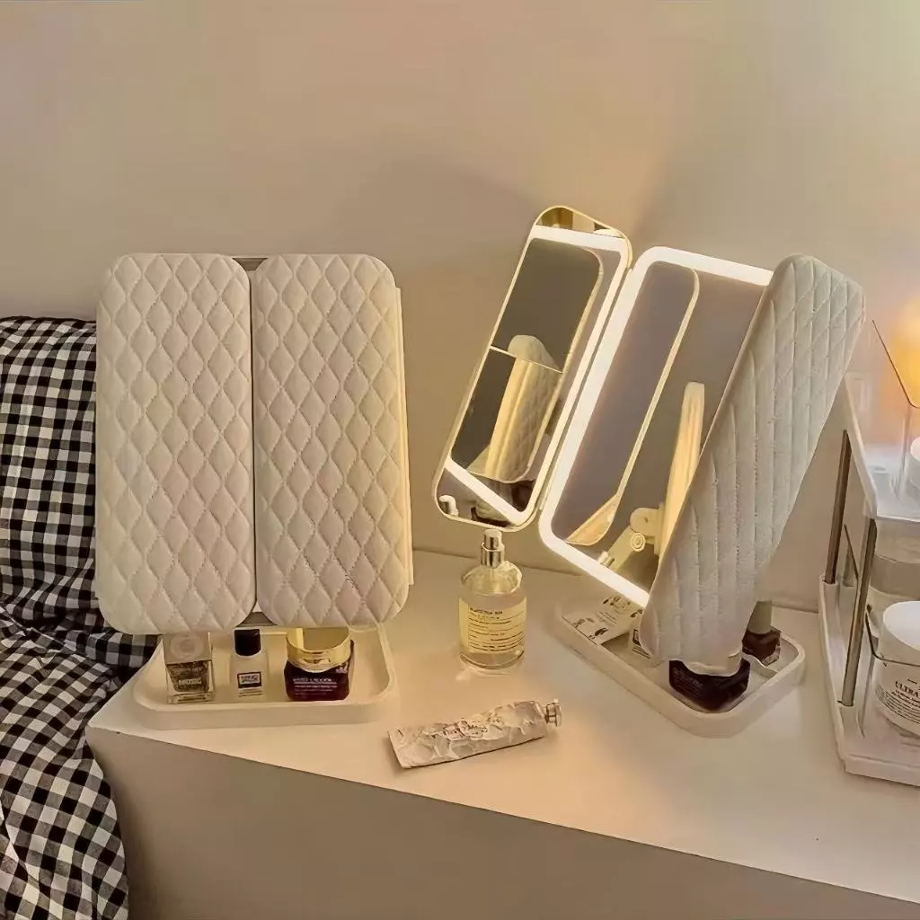 Gương Trang Điểm LED Để Bàn Đèn LED 3 Màu Điều Chỉnh Độ Sáng - Có Gương Zoom X2 X3 - Thời Lượng Pin Dài
