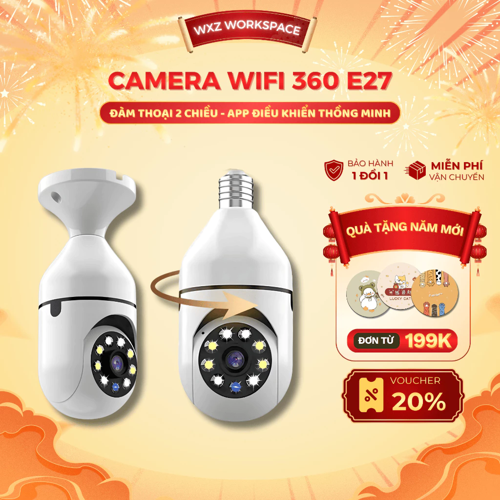 Camera Wifi 360 Độ E27 Gắn Đui Đèn, Đàm Thoại 2 Chiều, Hồng Ngoại Ban Đêm, Theo Dõi Chuyển Động